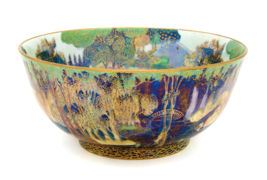 A Fairyland Lustre bowl in the Woodland Bridge pattern brought $4,148 in the October 4 Leslie Hindman Auction in Chicago. Image courtesy of Leslie Hindman.